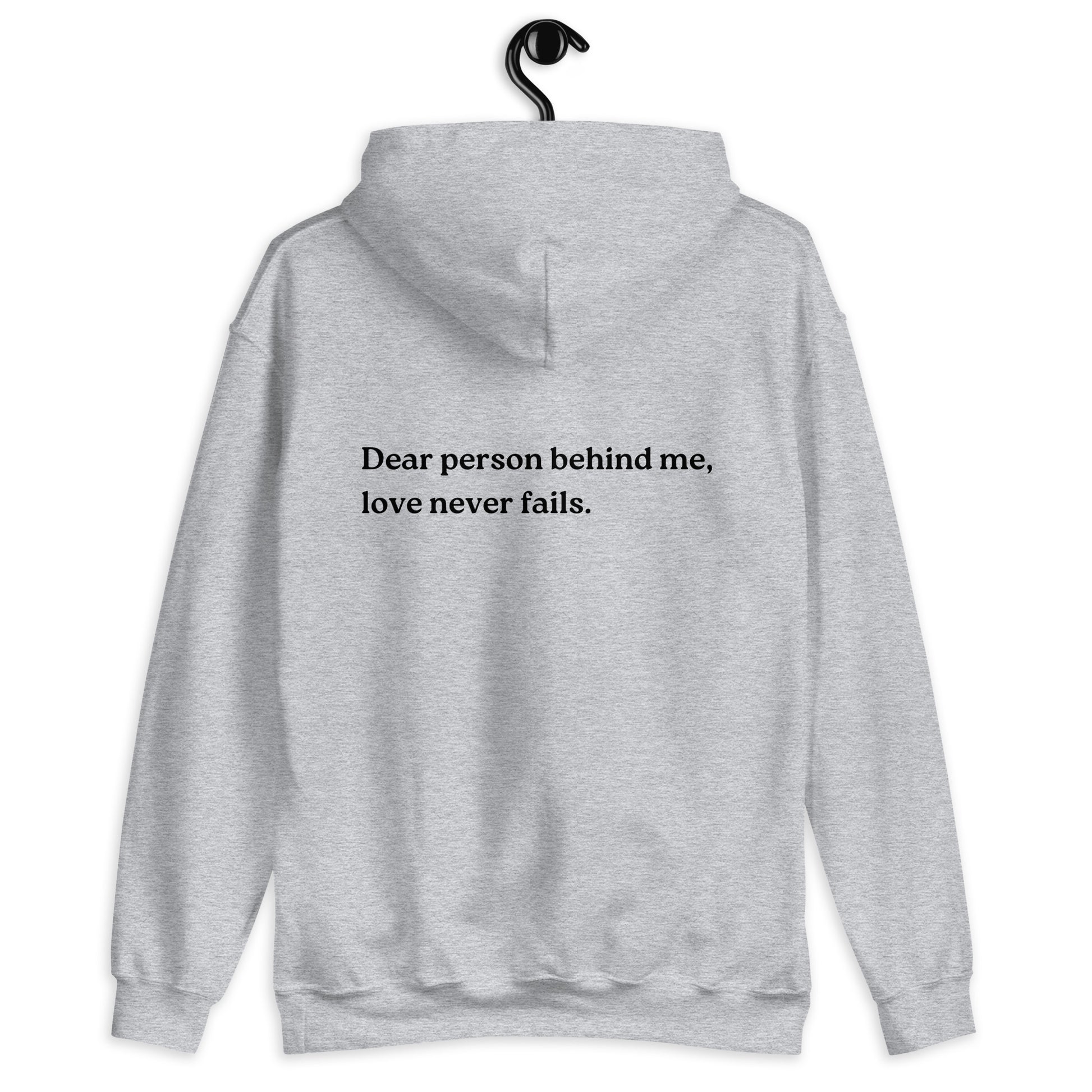 love never fails hoodie grey