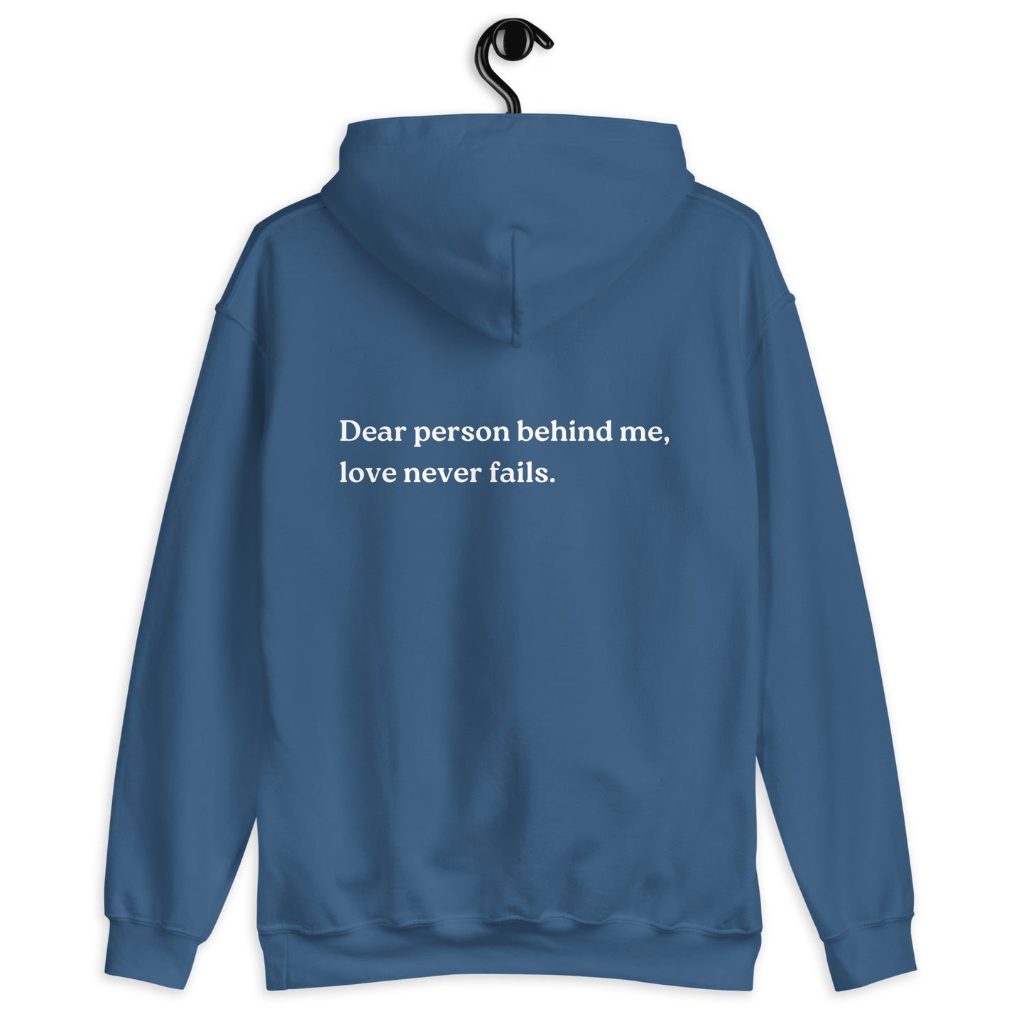 love never fails hoodie indigo