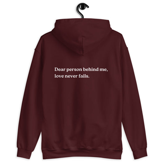 love never fails hoodie maroon