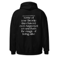 A black pullover hoodie shown from the back, featuring a white typographic quote printed on the back. The quote reads: 'dear person behind me, some of your favorite days haven't even happened yet and that's the magic of being alive'.
